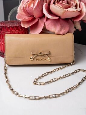Prada Continental Wallet Calf Leather Tan Beige Gold Hardware Smooth Bow Genuine